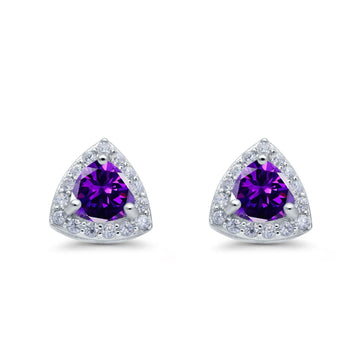 Halo Stud Earrings Simulated Amethyst CZ Round 925 Sterling Silver(8mm)